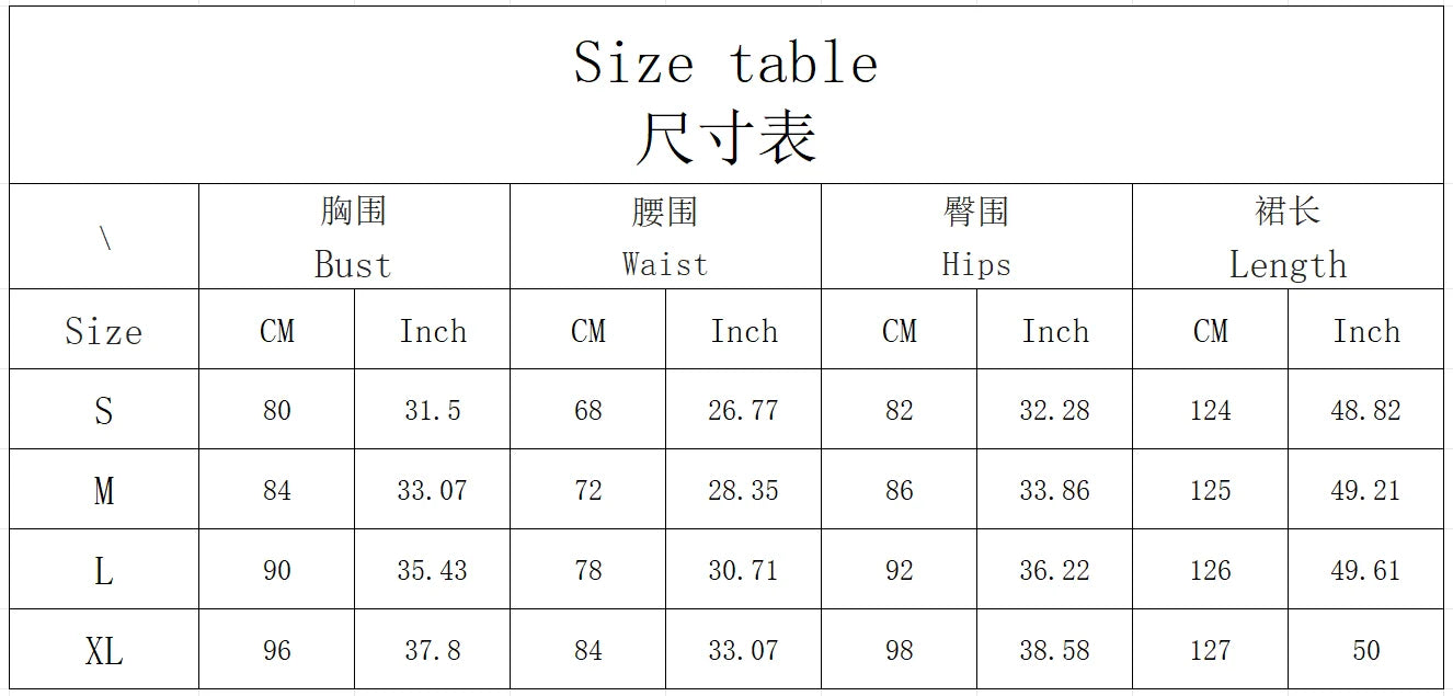 Size table for EtherealBe sexy spaghetti strap evening gown with measurements for different sizes