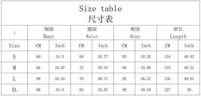Size table for EtherealBe sexy spaghetti strap evening gown with measurements for different sizes