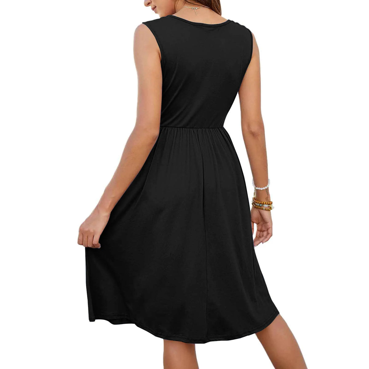 Back view of a black sexy v neck midi dress with pockets, featuring a flattering fit and elastic waist