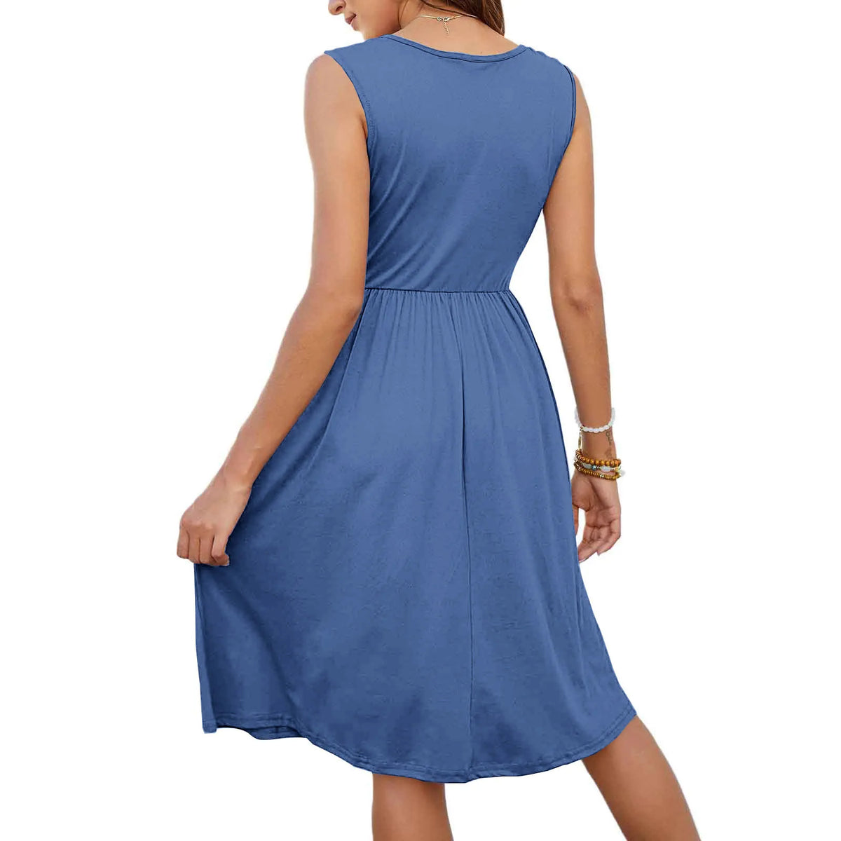 Back view of a blue sexy v neck midi dress with pockets, featuring a fitted waist and comfortable fabric
