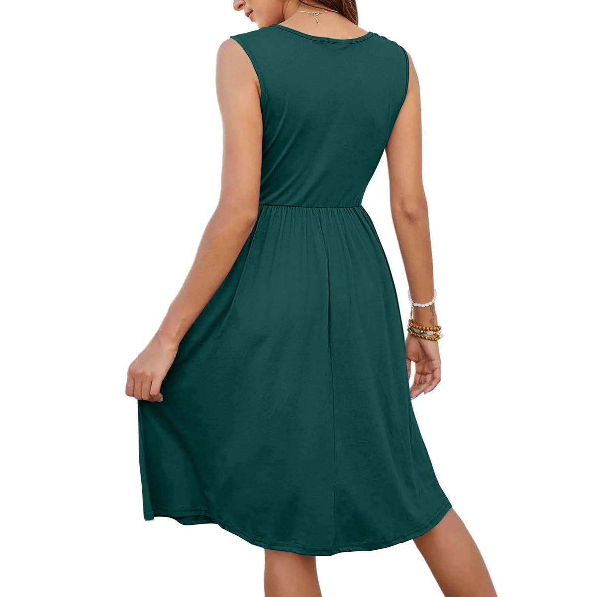 Back view of a flowy teal sexy v neck midi dress with pockets, ideal for casual outings