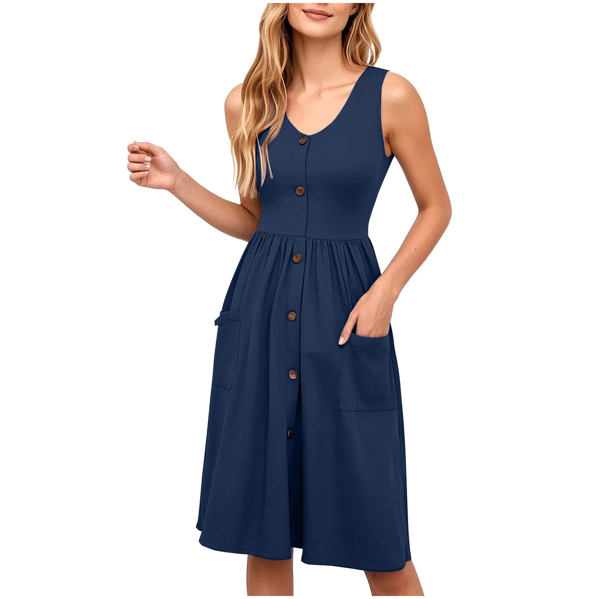 EtherealBe sexy v neck midi dress with pockets in navy blue featuring button details and a flattering cut