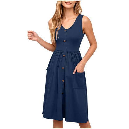 EtherealBe sexy v neck midi dress with pockets in navy blue featuring button details and a flattering cut