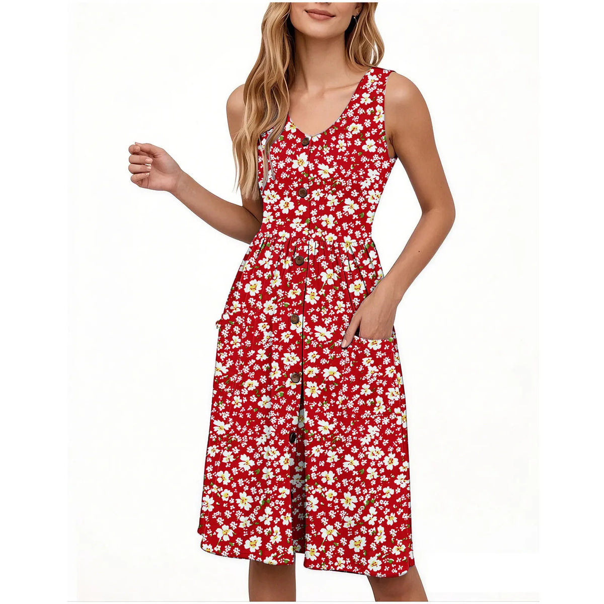 EtherealBe sexy v neck midi dress with pockets in vibrant red floral pattern for stylish summer wear