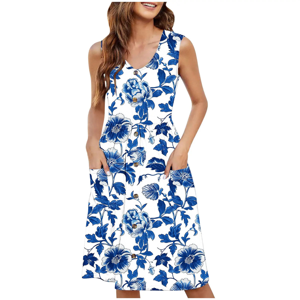 EtherealBe sexy v neck midi dress with pockets in floral design for stylish summer wear