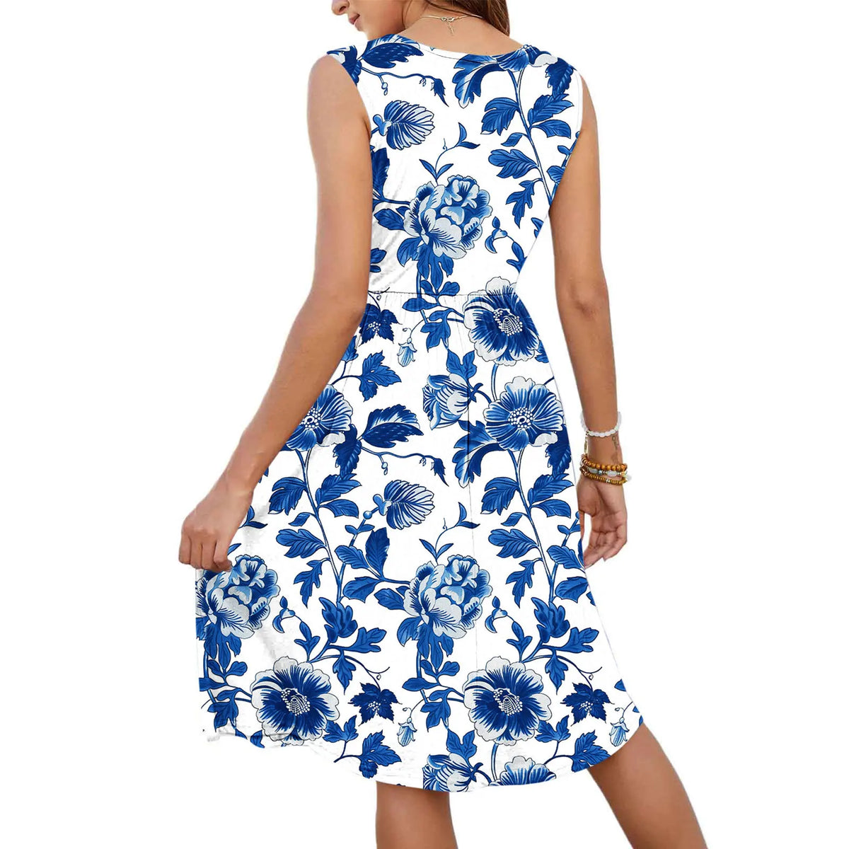 EtherealBe sexy v neck midi dress with pockets featuring a floral blue and white design