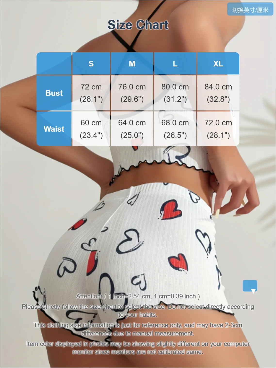 EtherealBe model wearing white ribbed heart print pajama set for women with red and black hearts and size chart overlay