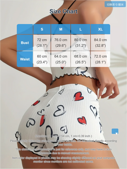 EtherealBe model wearing white ribbed heart print pajama set for women with red and black hearts and size chart overlay