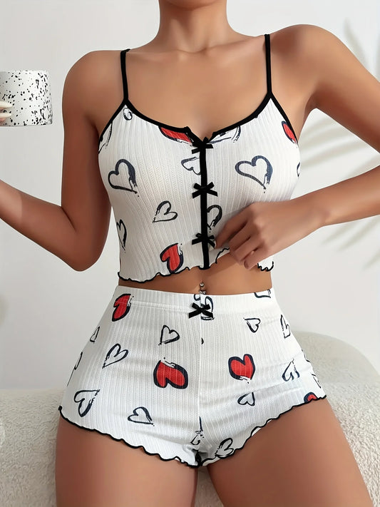 EtherealBe heart print pajama set for women white ribbed crop cami and scalloped shorts with red black hearts