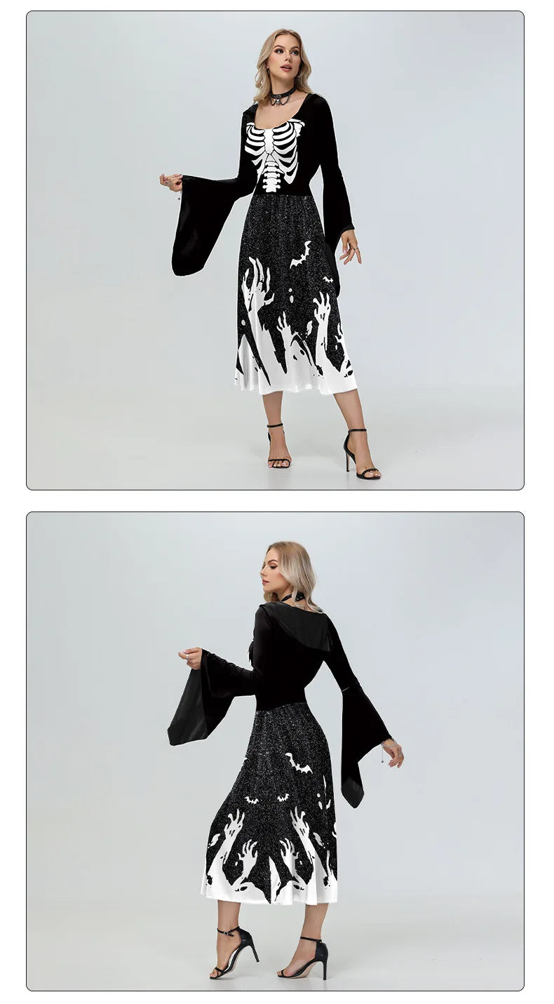EtherealBe skeleton Halloween costume for women featuring long sleeves and a flowing design