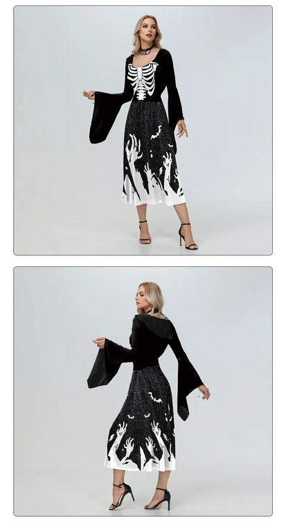 EtherealBe skeleton Halloween costume for women featuring long sleeves and a flowing design