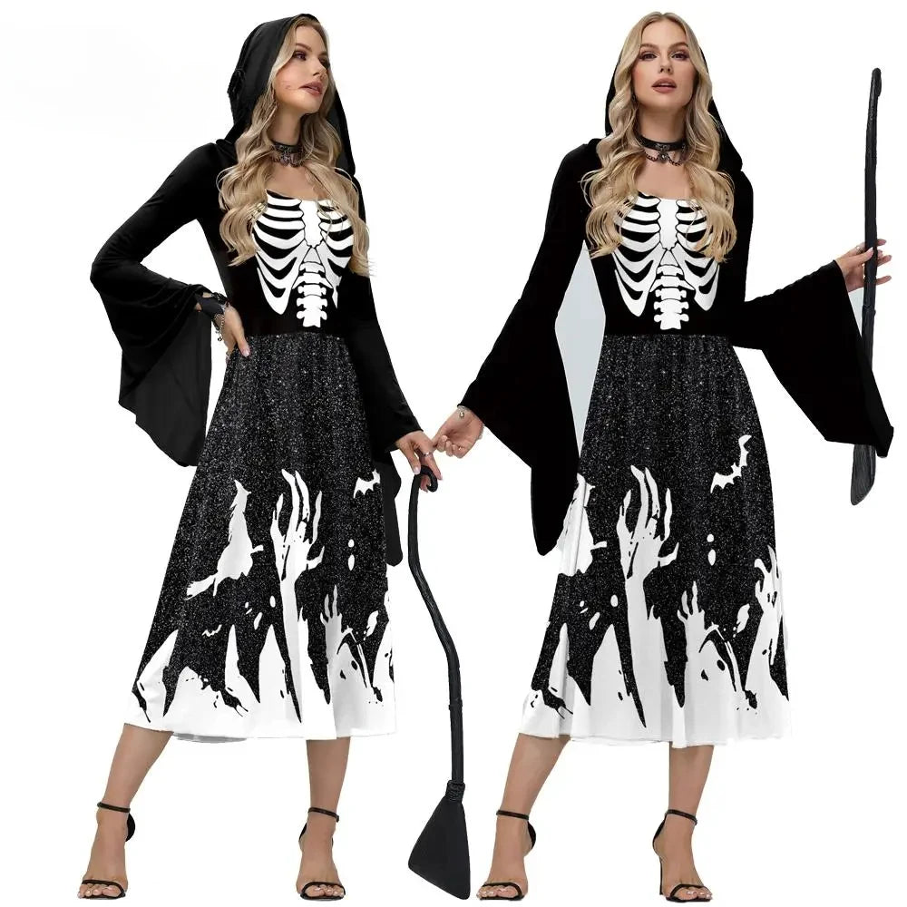 EtherealBe skeleton Halloween costume for women featuring a hood, long sleeves, and spooky design