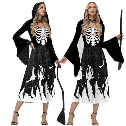 EtherealBe skeleton Halloween costume for women featuring a hood, long sleeves, and spooky design