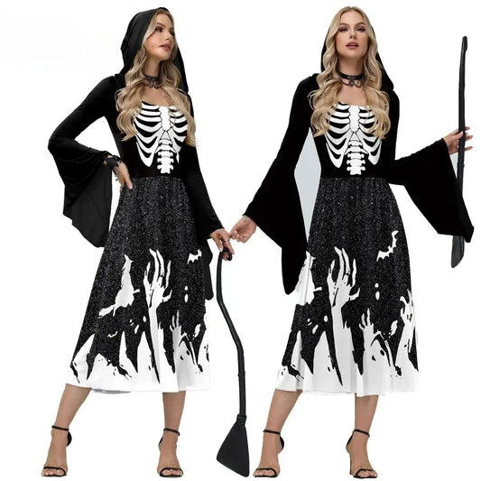 EtherealBe skeleton Halloween costume for women featuring a hood, long sleeves, and spooky design