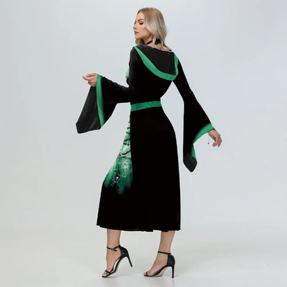 Stylish skeleton Halloween costume for women with green accents and flowing sleeves
