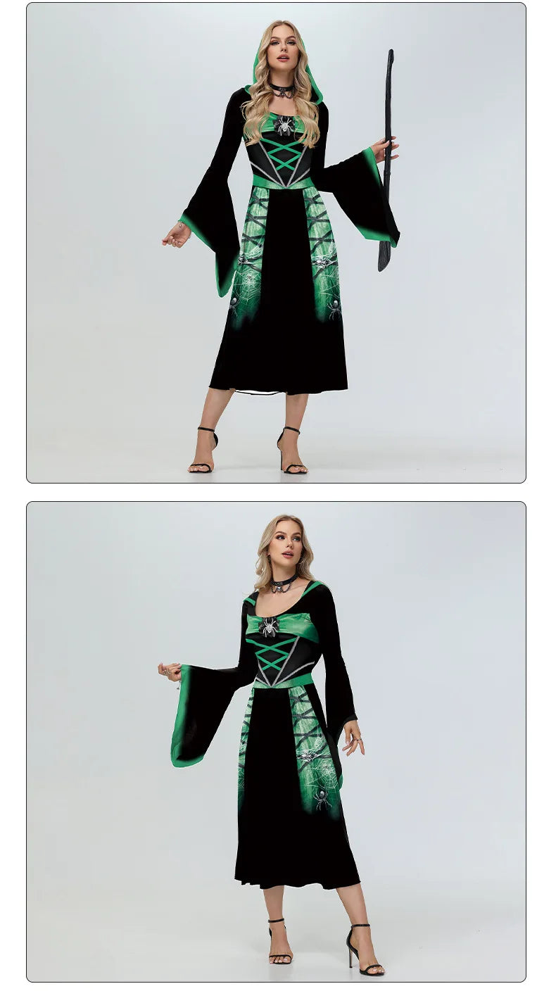 EtherealBe skeleton Halloween costume for women featuring a striking black and green design with flowing sleeves