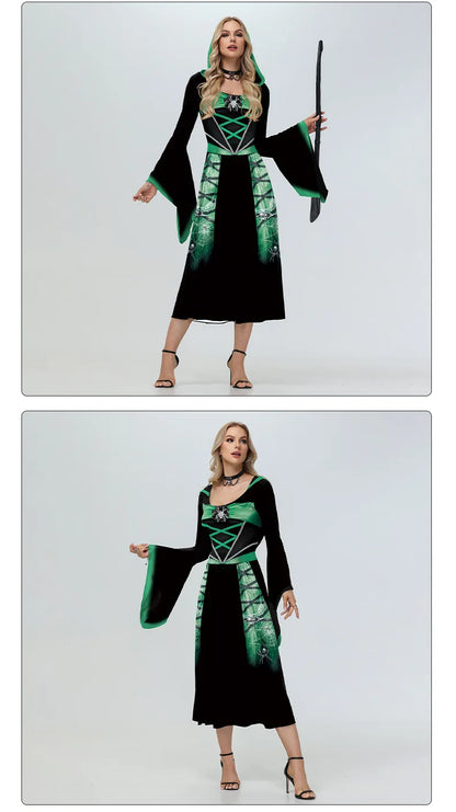EtherealBe skeleton Halloween costume for women featuring a striking black and green design with flowing sleeves