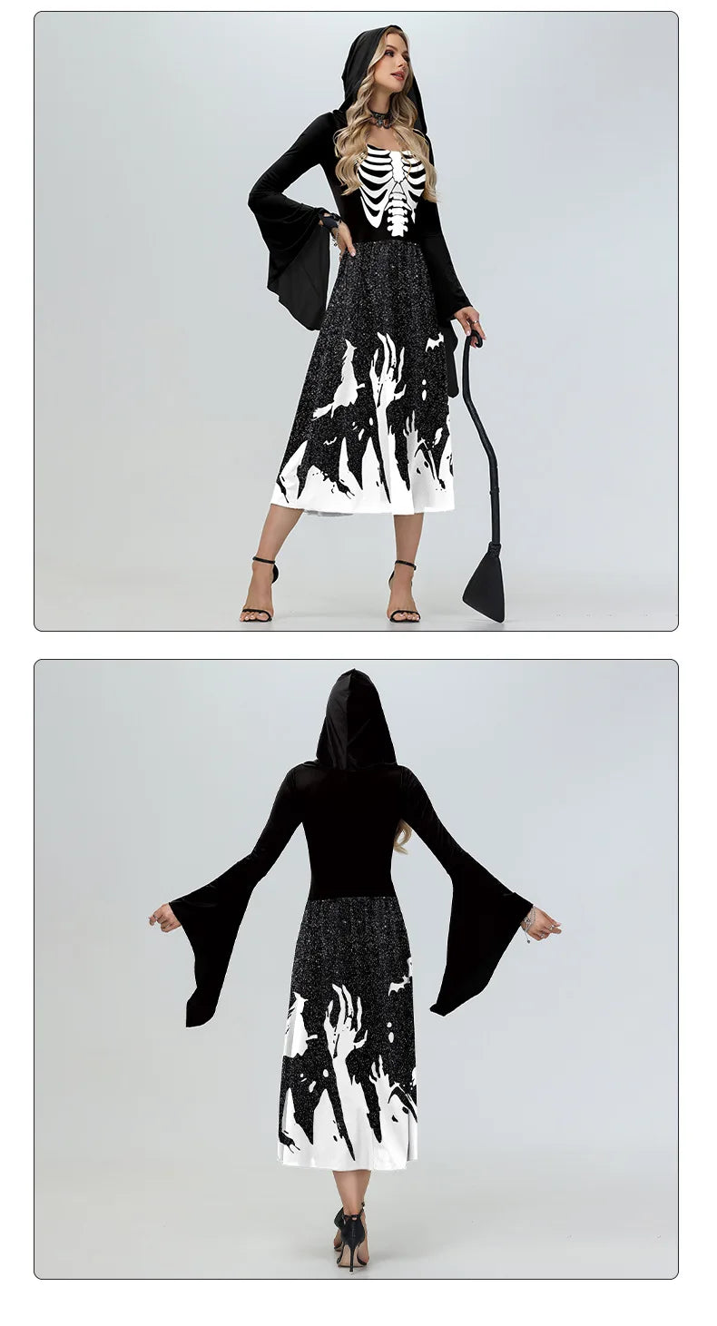 EtherealBe skeleton Halloween costume for women featuring a hood and bell sleeves for a spooky look