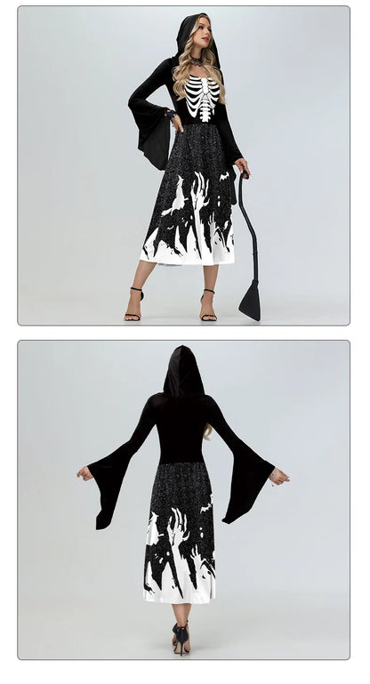 EtherealBe skeleton Halloween costume for women featuring a hood and bell sleeves for a spooky look