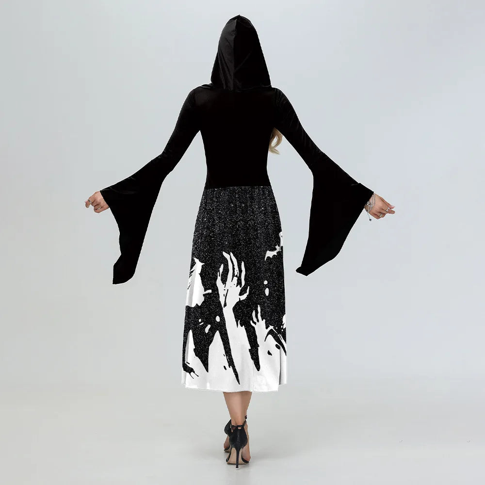 EtherealBe skeleton Halloween costume for women featuring a hooded top and dramatic bell sleeves