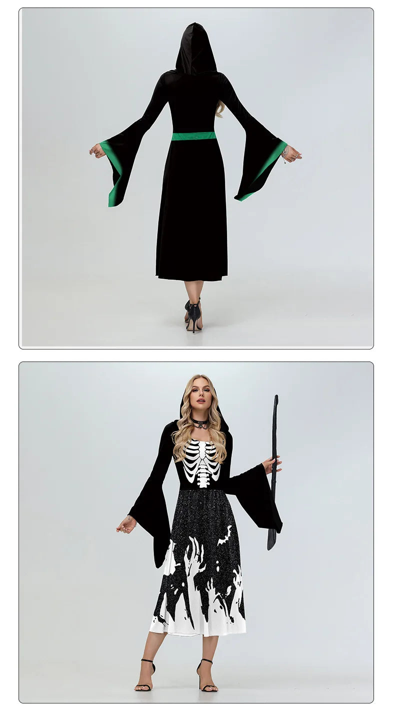 EtherealBe skeleton Halloween costume for women with a hood and bell sleeves for a spooky look