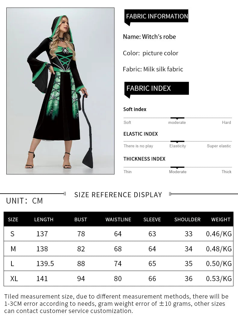 EtherealBe skeleton Halloween costume for women featuring a witch's robe with hood and black-and-green design