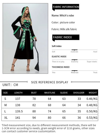 EtherealBe skeleton Halloween costume for women featuring a witch's robe with hood and black-and-green design