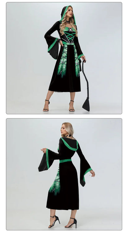 EtherealBe skeleton Halloween costume for women with hood and green detailing for festive occasions