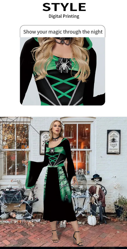 EtherealBe skeleton Halloween costume for women with green and black design and bell sleeves