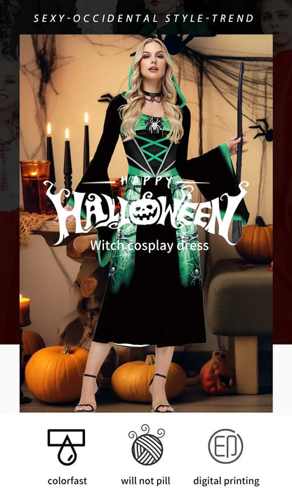 EtherealBe skeleton Halloween costume for women featuring a witch design with vibrant colors and flowing sleeves