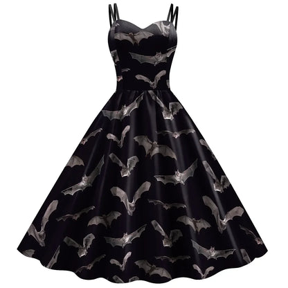 EtherealBe skeleton rose Halloween dress in black featuring a bat print design for spooky celebrations