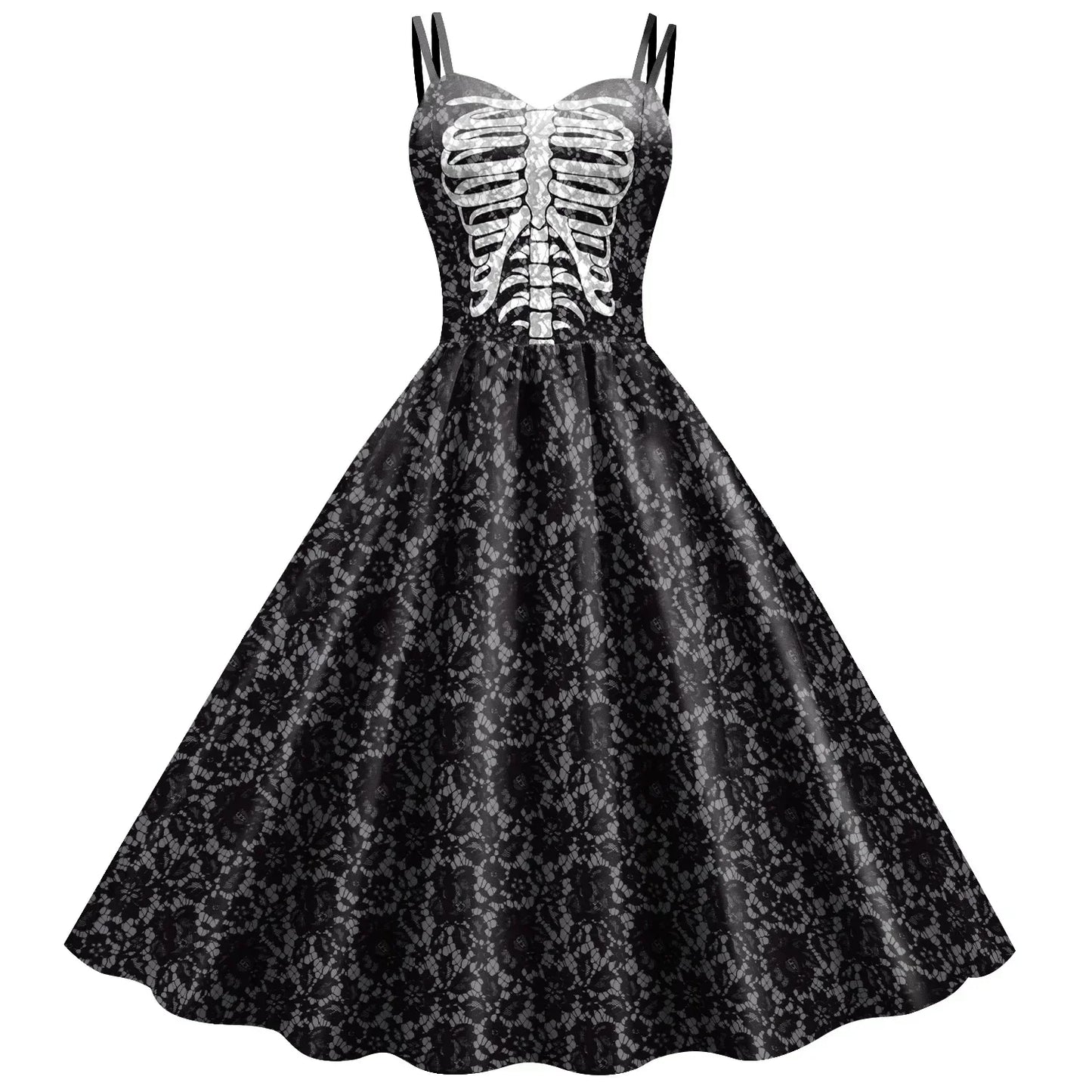 EtherealBe Skeleton Rose Halloween Dress with Spaghetti Straps and Vintage Style Design