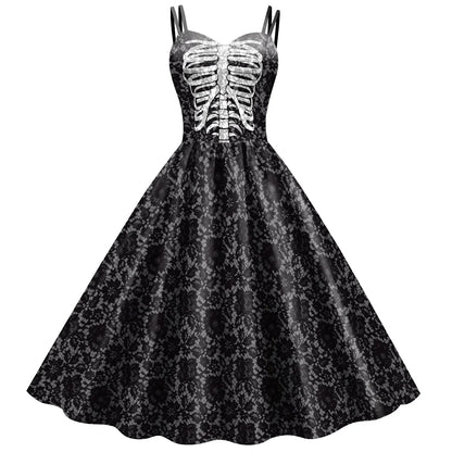 EtherealBe Skeleton Rose Halloween Dress with Spaghetti Straps and Vintage Style Design