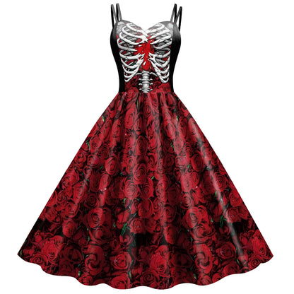 EtherealBe skeleton rose Halloween dress with a black top and red rose-patterned skirt