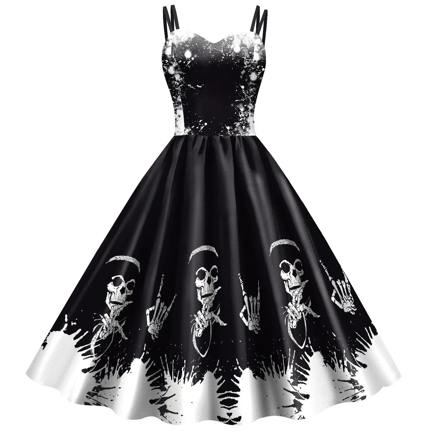 EtherealBe skeleton rose Halloween dress with a vintage black and white design featuring skeletons