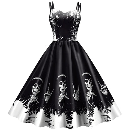 EtherealBe skeleton rose Halloween dress with a vintage black and white design featuring skeletons