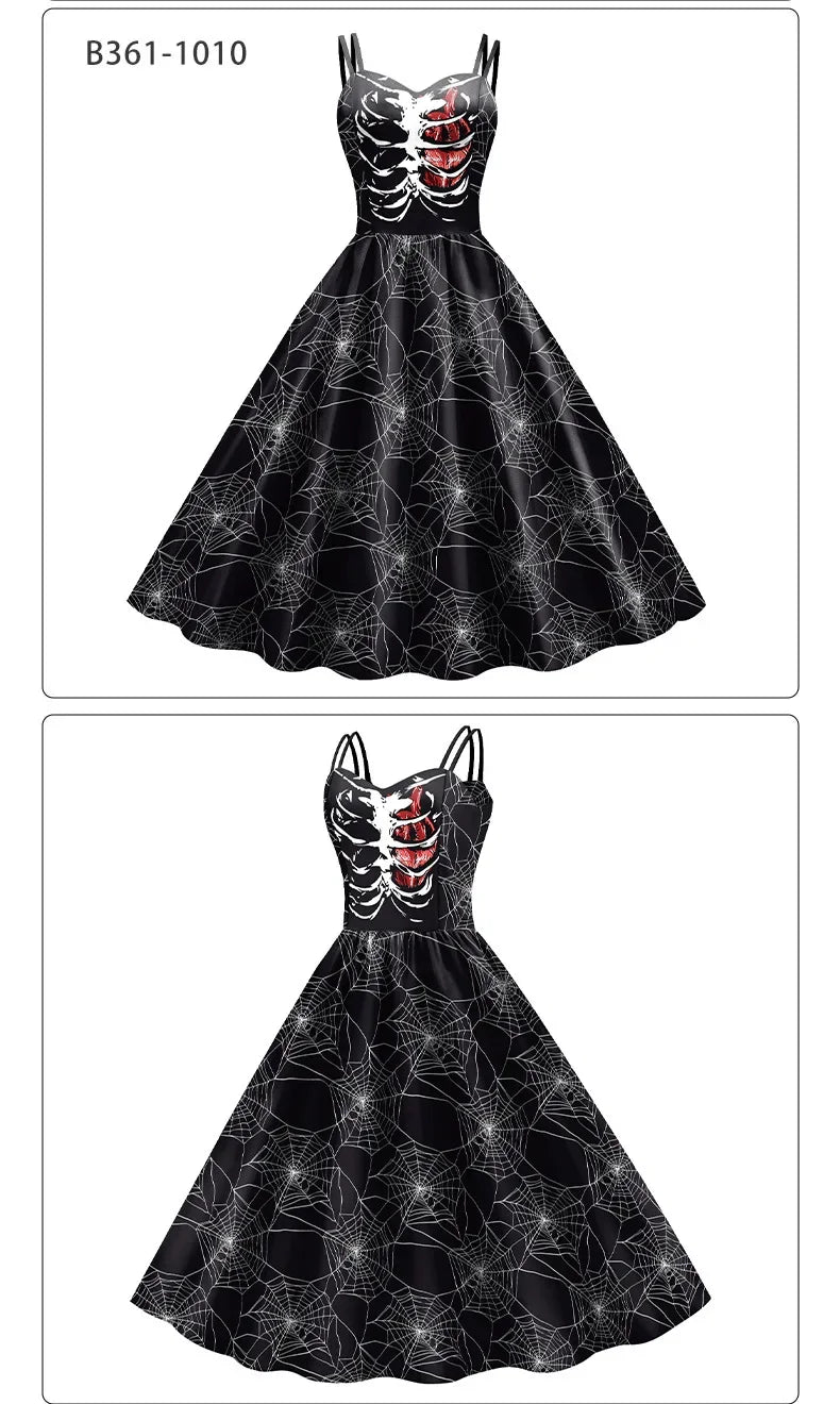 EtherealBe skeleton rose Halloween dress with a spiderweb design and lace-up bodice
