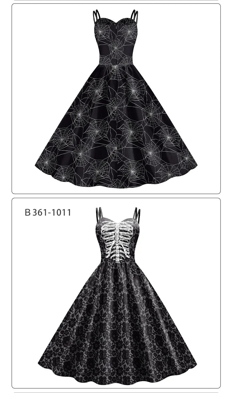 EtherealBe skeleton rose Halloween dress in black with spiderweb pattern and lace-up back design