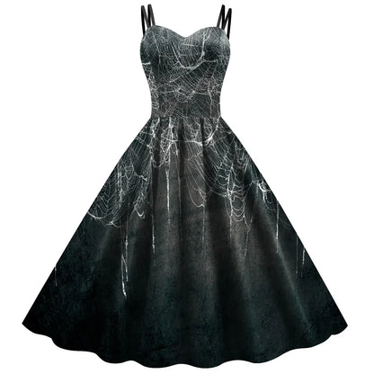 EtherealBe Skeleton Rose Halloween Dress with Spiderweb Design and Flared Skirt for Festive Wear