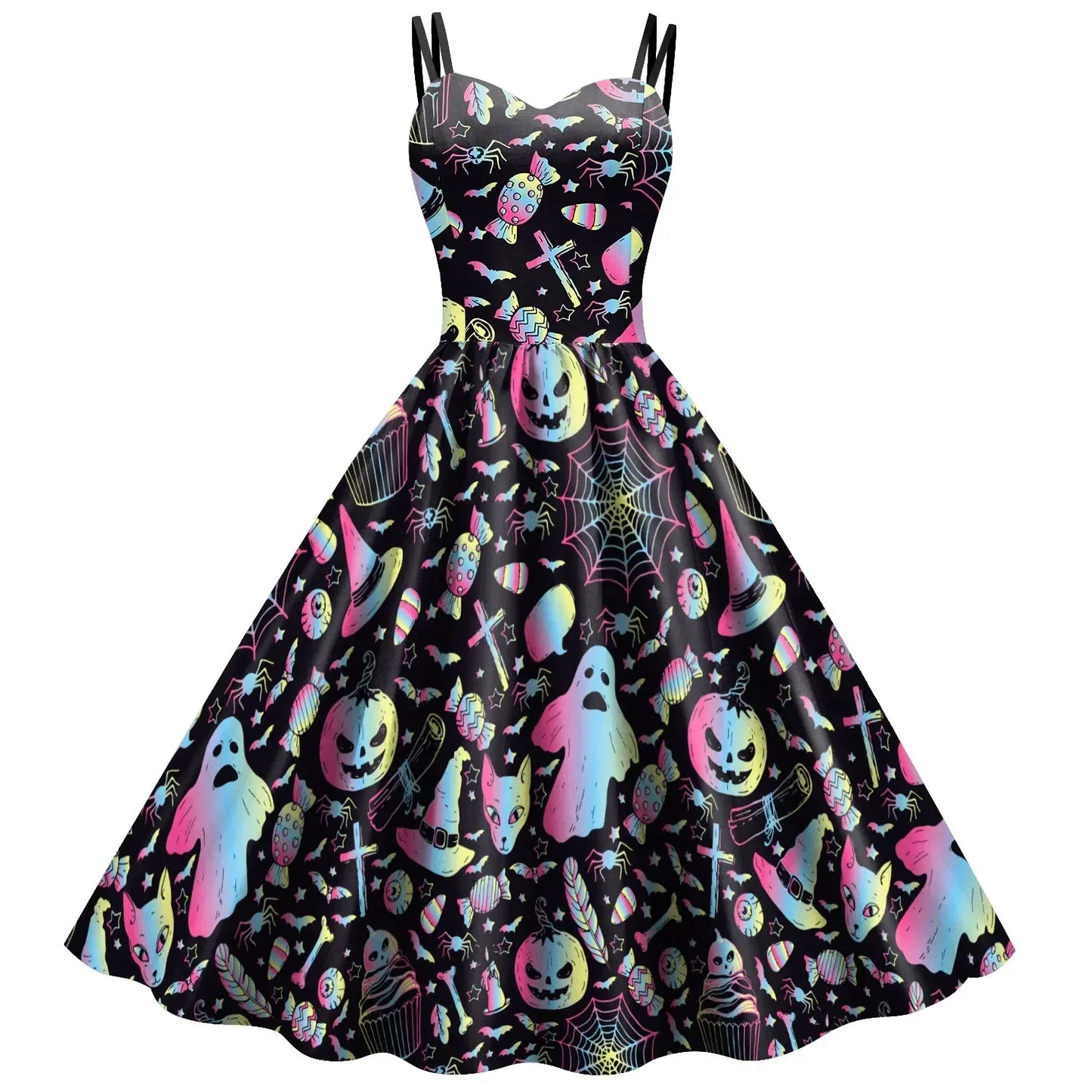 EtherealBe skeleton rose Halloween dress with colorful ghost and spider web patterns