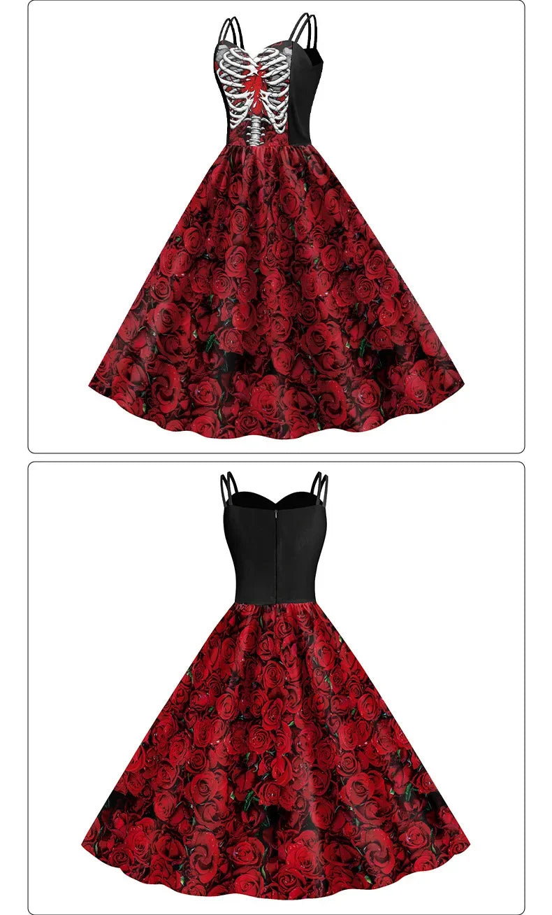 EtherealBe skeleton rose Halloween dress with a floral design and lace-up bodice for festive occasions