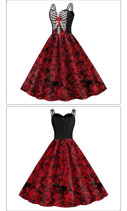 EtherealBe skeleton rose Halloween dress with a floral design and lace-up bodice for festive occasions