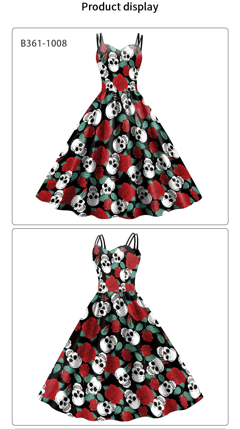 Skeleton rose Halloween dress featuring a vibrant skull and rose pattern for festive celebrations