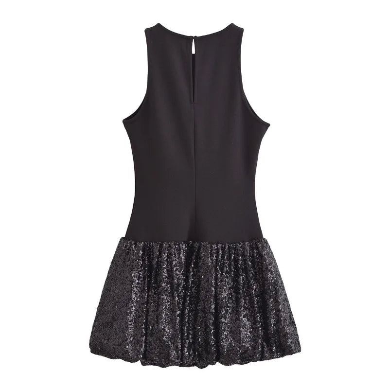 Back view of an EtherealBe sleeveless chic cocktail dress with a sparkly sequin skirt