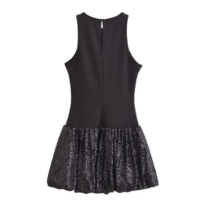 Back view of an EtherealBe sleeveless chic cocktail dress with a sparkly sequin skirt