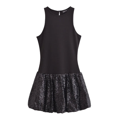 EtherealBe sleeveless chic cocktail dress in black with a sequined skirt for stylish evening wear