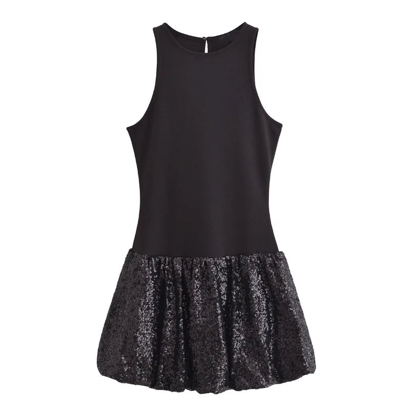 EtherealBe sleeveless chic cocktail dress in black with sequin skirt for elegant occasions