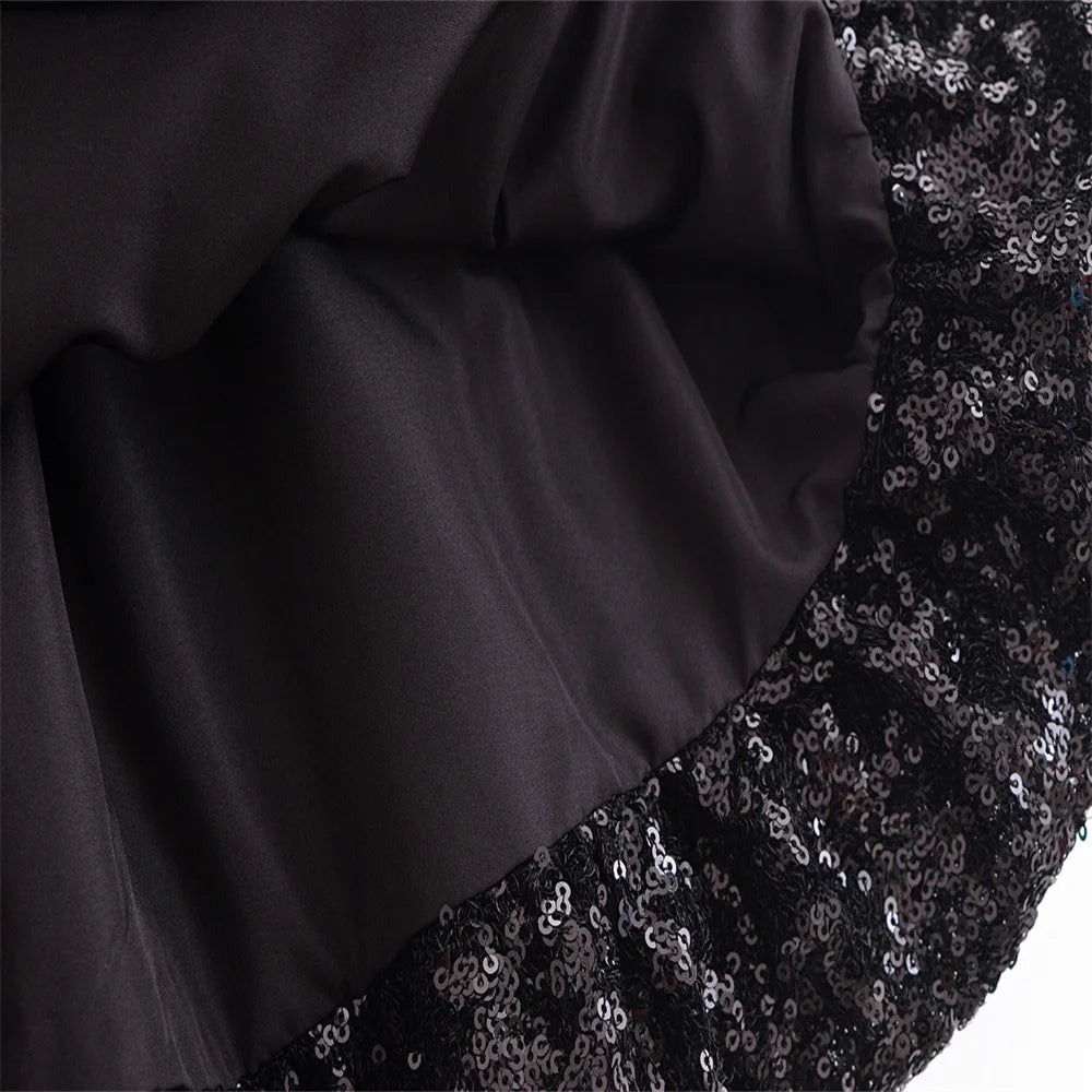 Inside view of an EtherealBe sleeveless chic cocktail dress featuring a smooth lining and sparkling sequins