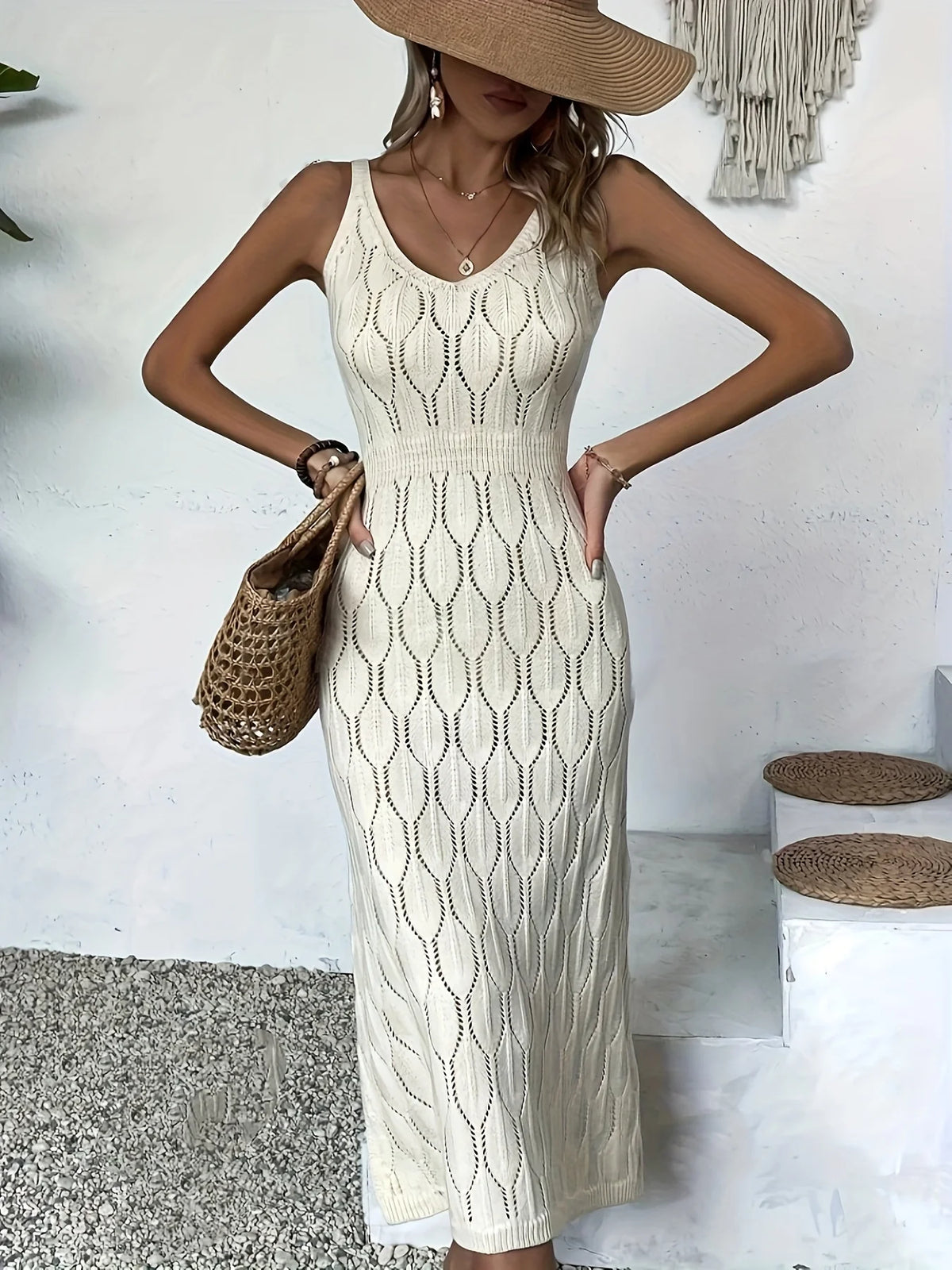EtherealBe slim knit dress for women in cream with a stylish crochet design and a fitted silhouette