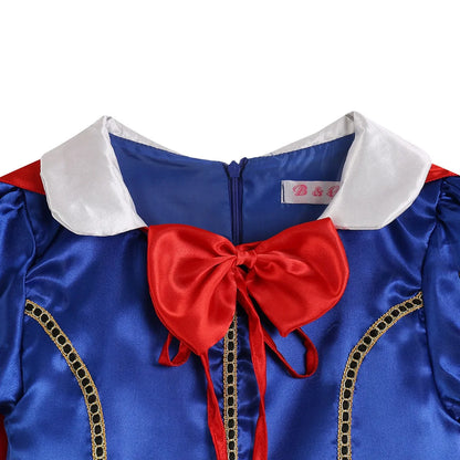 EtherealBe Snow White costume for kids featuring a blue dress with red accents and a white collar